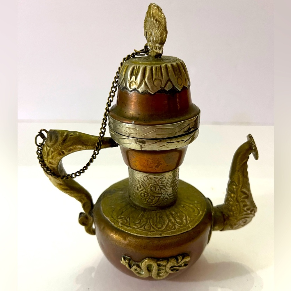 Tibetan Copper Teapot. Vintage handcrafted, Buddhist temple ritual